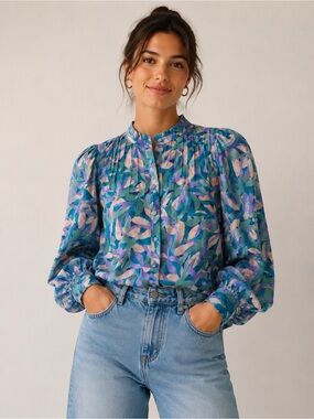 Opullence Paris Abstract Print Sheer Button Front Blouse Medium EUC